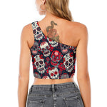 White Red Sugar Skull Pattern Print One Shoulder Crop Top