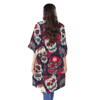 White Red Sugar Skull Pattern Print Open Front Beach Cover Up