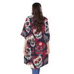 White Red Sugar Skull Pattern Print Open Front Beach Cover Up