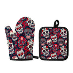 White Red Sugar Skull Pattern Print Oven Mitt And Pot Holder Set