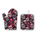 White Red Sugar Skull Pattern Print Oven Mitt And Pot Holder Set