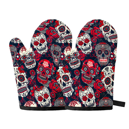 White Red Sugar Skull Pattern Print Oven Mitts