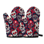 White Red Sugar Skull Pattern Print Oven Mitts