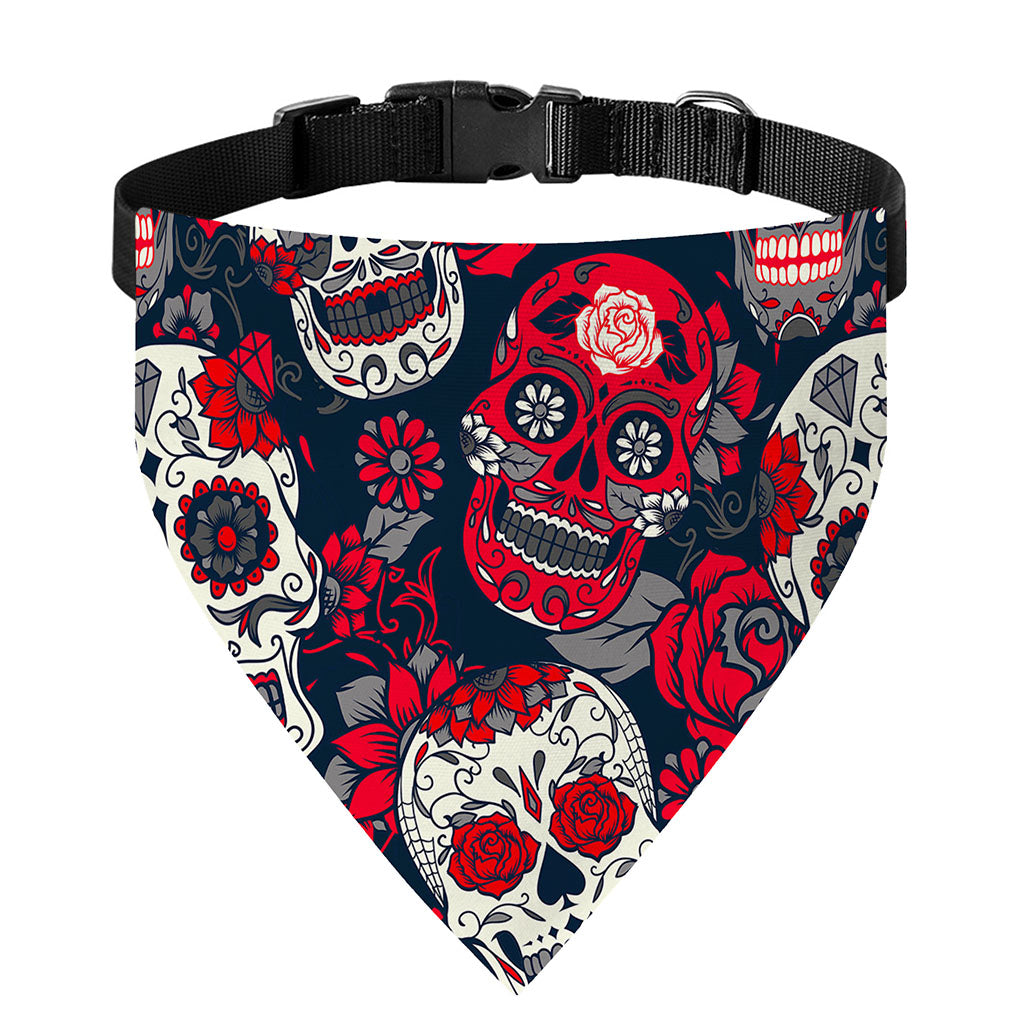 White Red Sugar Skull Pattern Print Over The Collar Dog Bandana