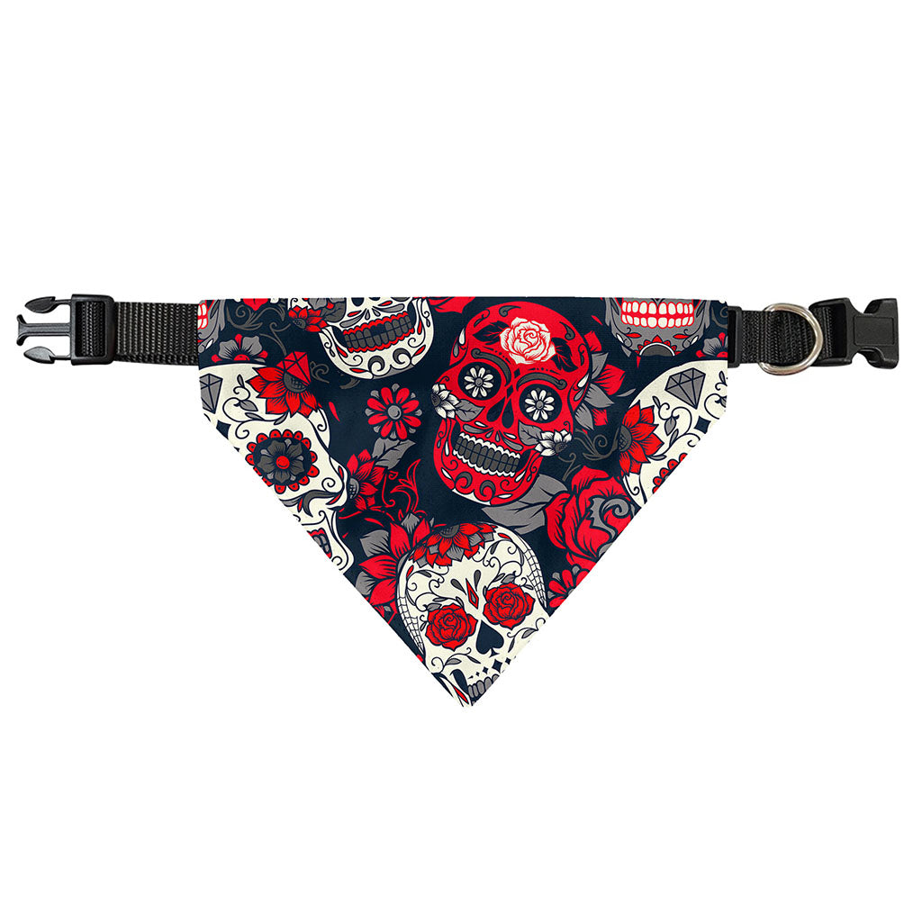 White Red Sugar Skull Pattern Print Over The Collar Dog Bandana