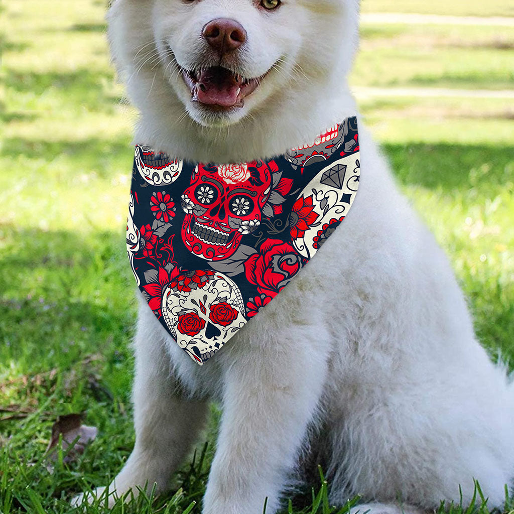 White Red Sugar Skull Pattern Print Over The Collar Dog Bandana