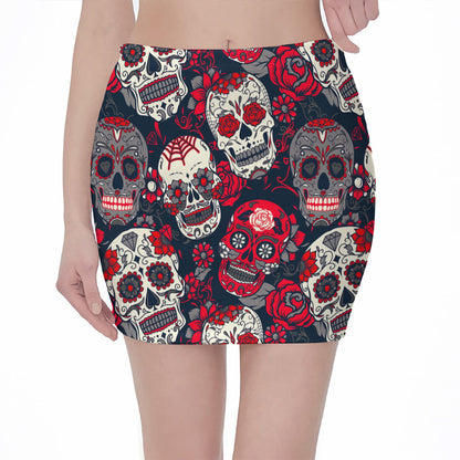 White Red Sugar Skull Pattern Print Pencil Mini Skirt
