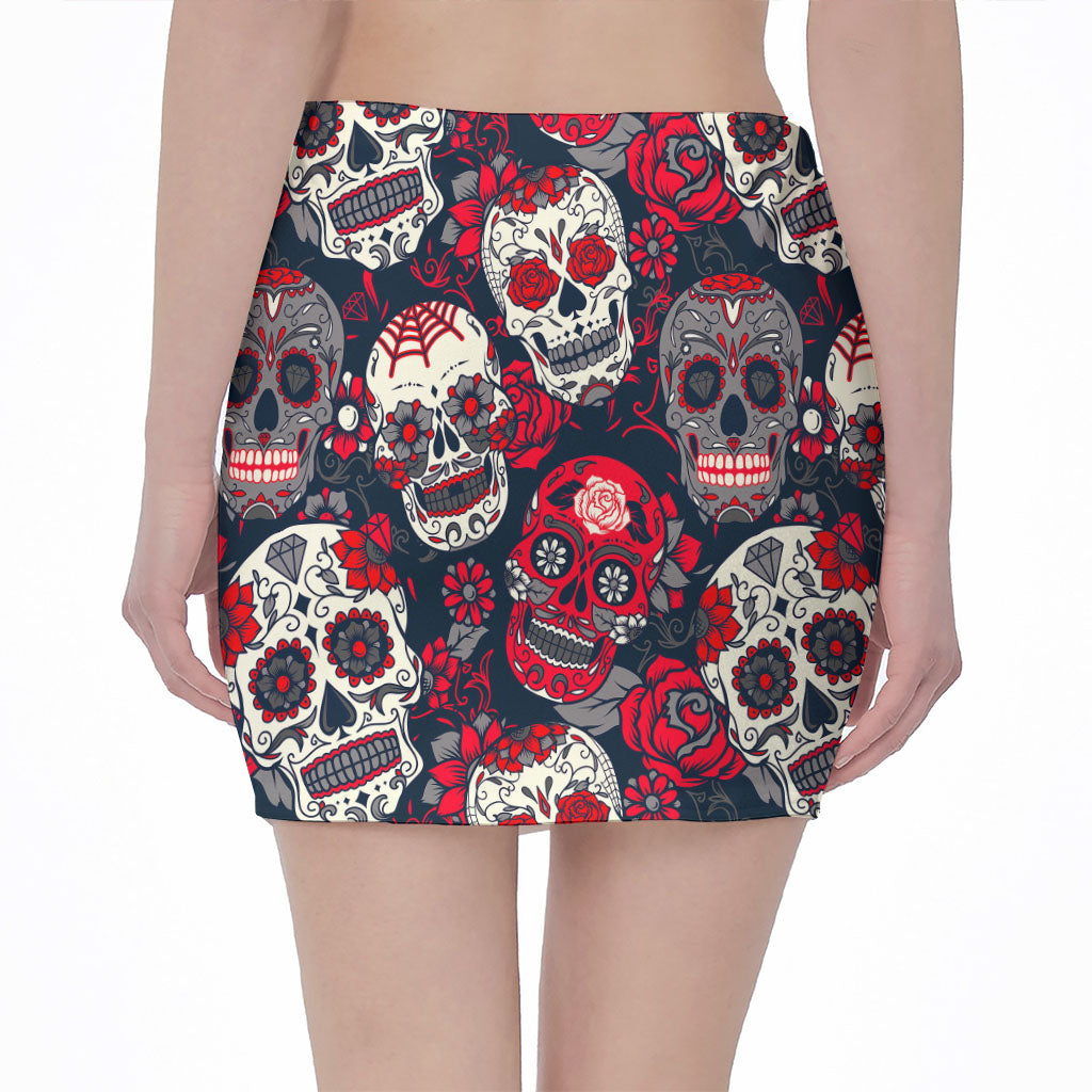 White Red Sugar Skull Pattern Print Pencil Mini Skirt