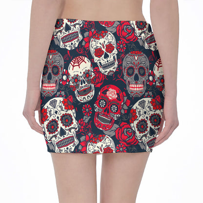 White Red Sugar Skull Pattern Print Pencil Mini Skirt