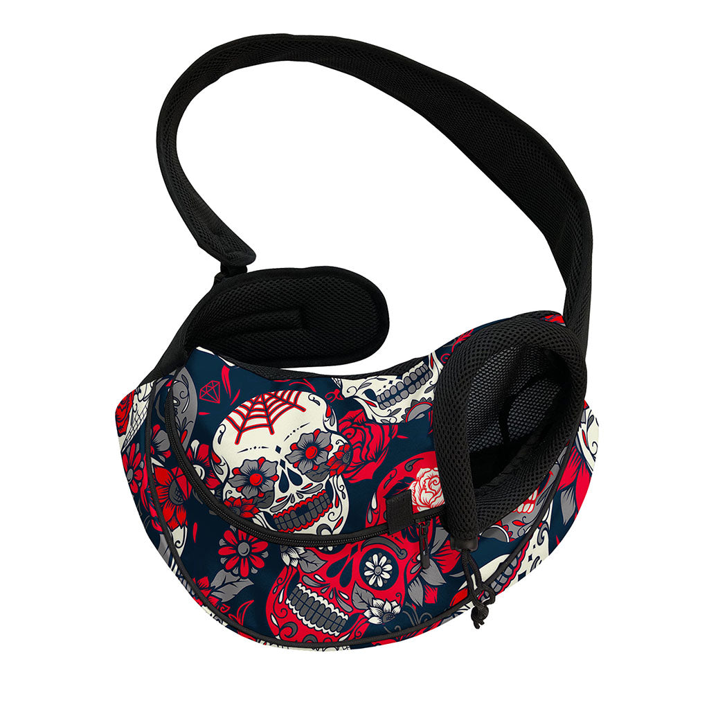 White Red Sugar Skull Pattern Print Pet Sling Carrier