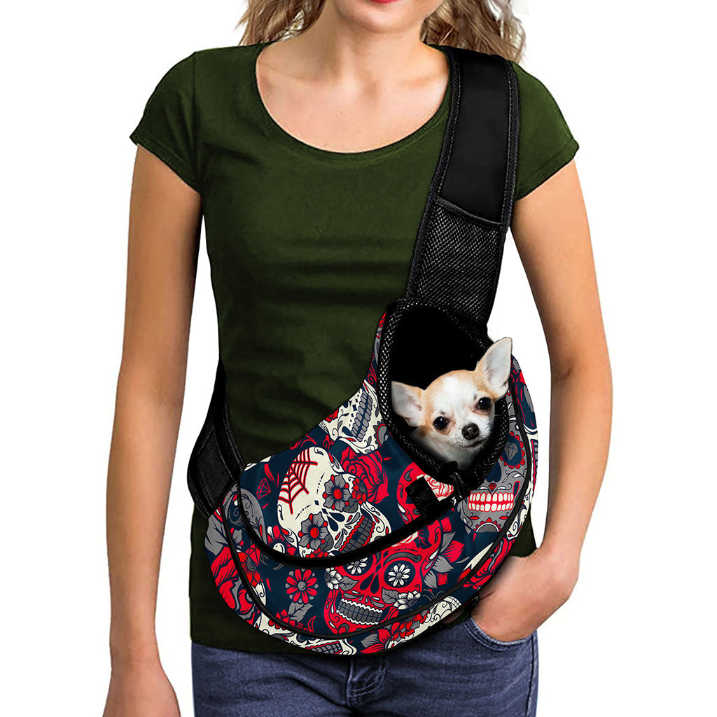 White Red Sugar Skull Pattern Print Pet Sling Carrier