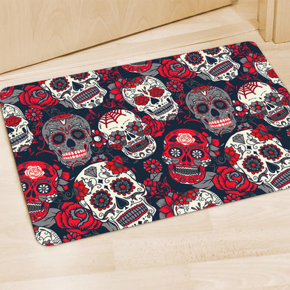 White Red Sugar Skull Pattern Print Polyester Doormat