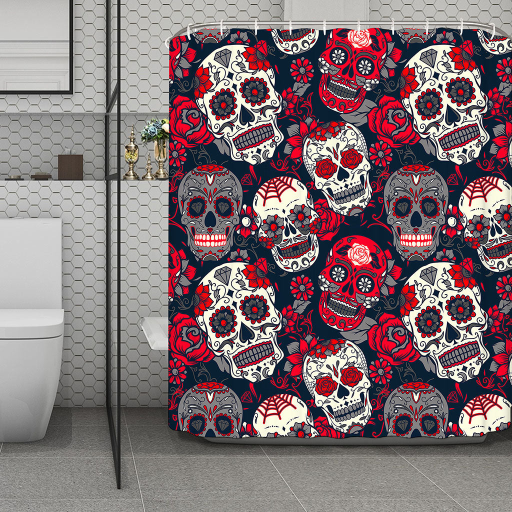 White Red Sugar Skull Pattern Print Polyester Shower Curtain