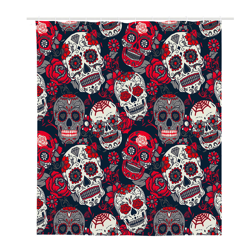 White Red Sugar Skull Pattern Print Polyester Shower Curtain