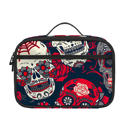 White Red Sugar Skull Pattern Print Portable Lunch Bag