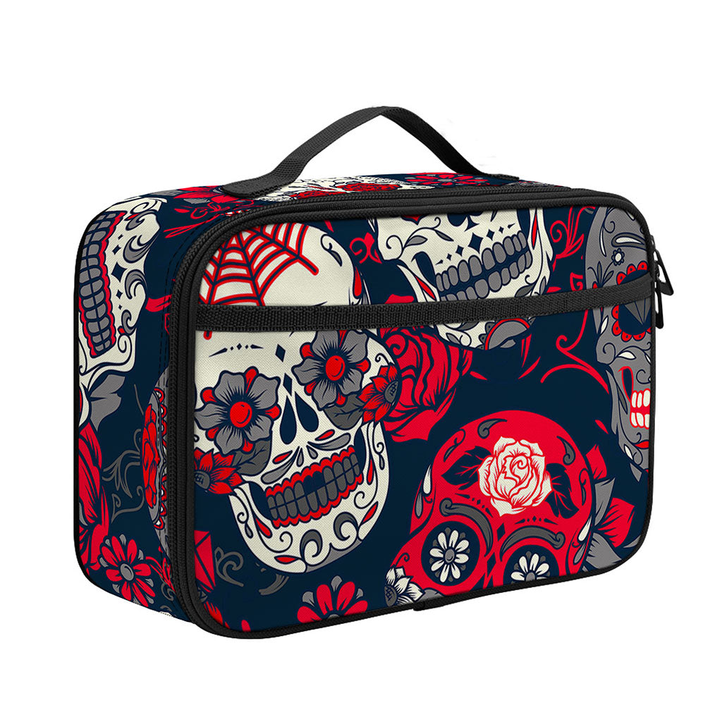 White Red Sugar Skull Pattern Print Portable Lunch Bag