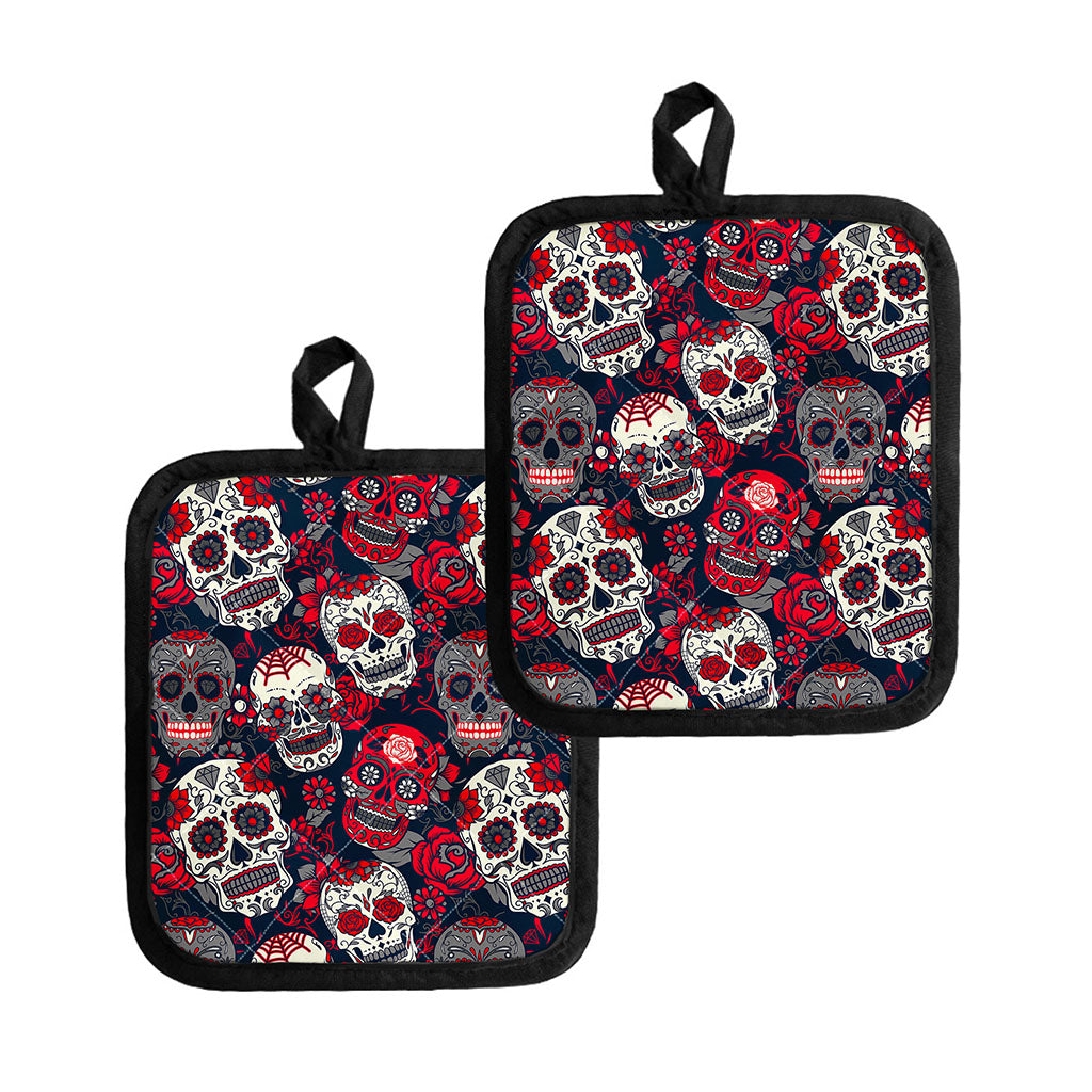 White Red Sugar Skull Pattern Print Pot Holders