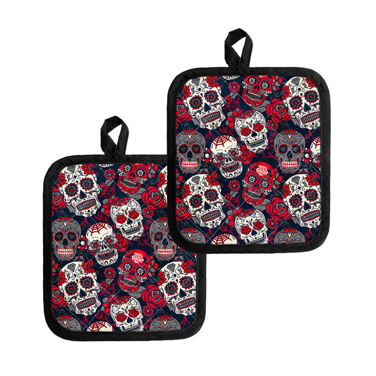 White Red Sugar Skull Pattern Print Pot Holders