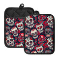 White Red Sugar Skull Pattern Print Pot Holders With Pocket