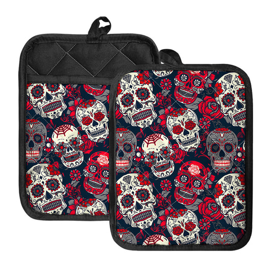 White Red Sugar Skull Pattern Print Pot Holders With Pocket