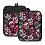 White Red Sugar Skull Pattern Print Pot Holders With Pocket