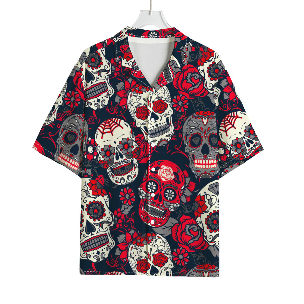 White Red Sugar Skull Pattern Print Rayon Hawaiian Shirt