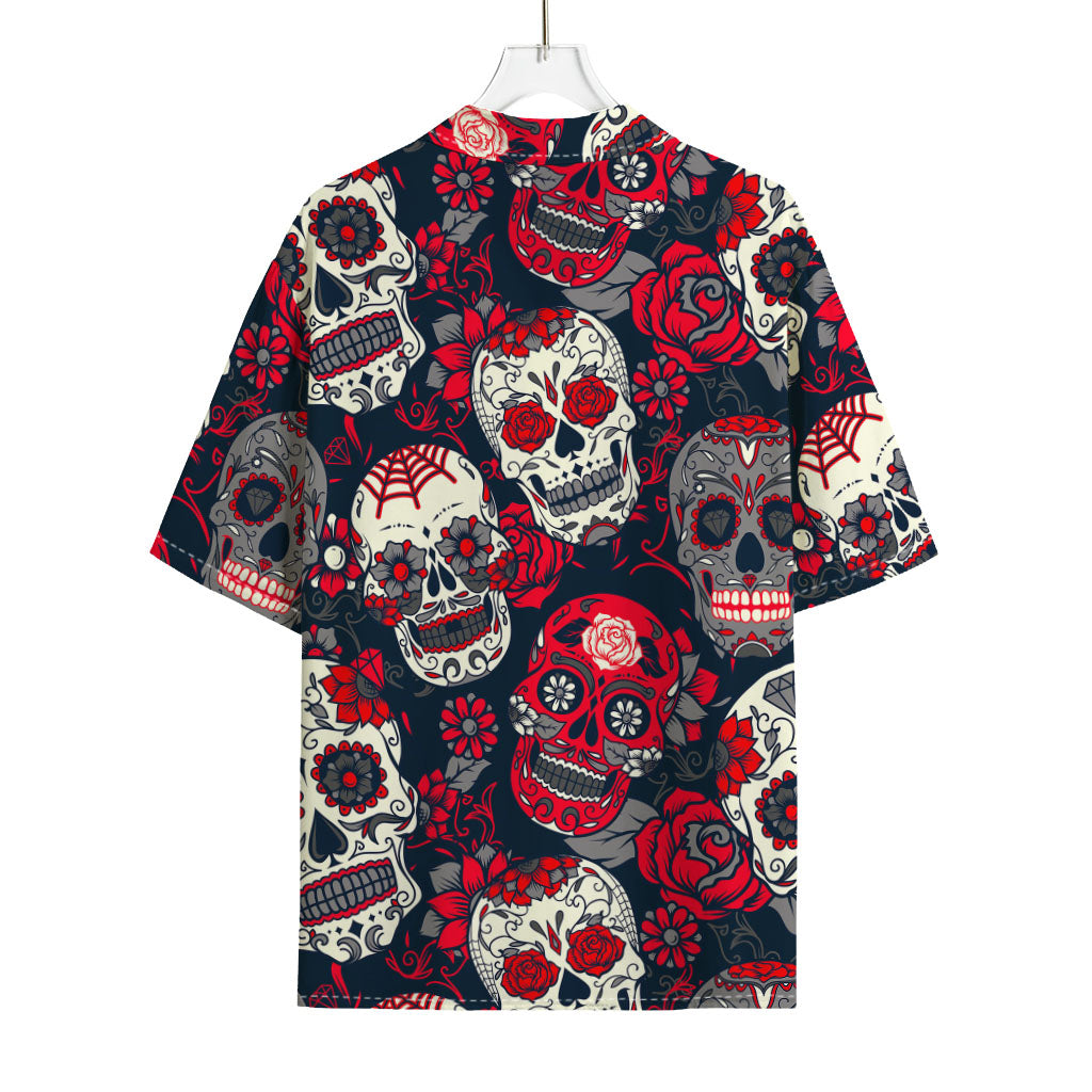 White Red Sugar Skull Pattern Print Rayon Hawaiian Shirt