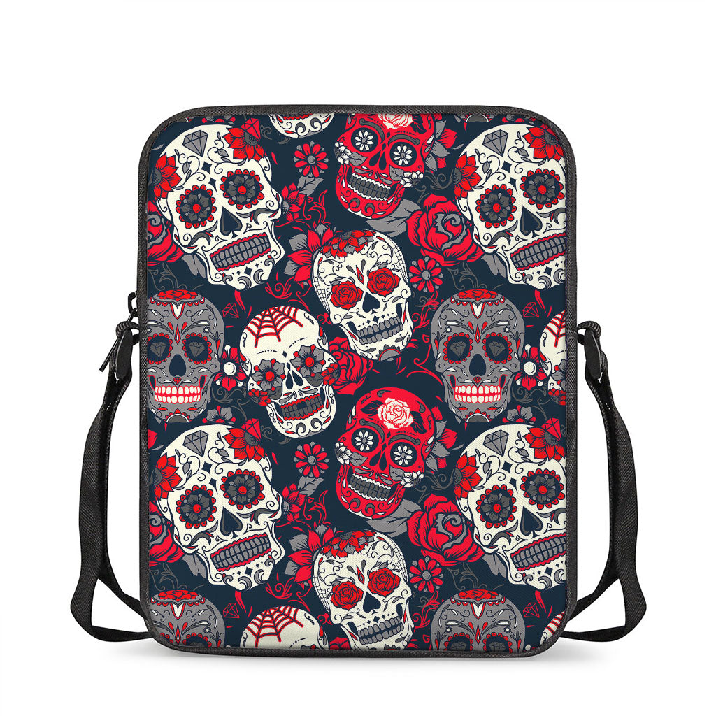 White Red Sugar Skull Pattern Print Rectangular Crossbody Bag