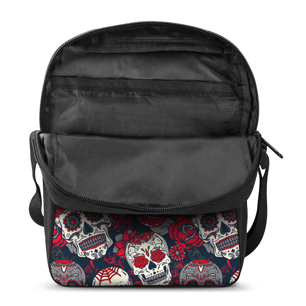 White Red Sugar Skull Pattern Print Rectangular Crossbody Bag