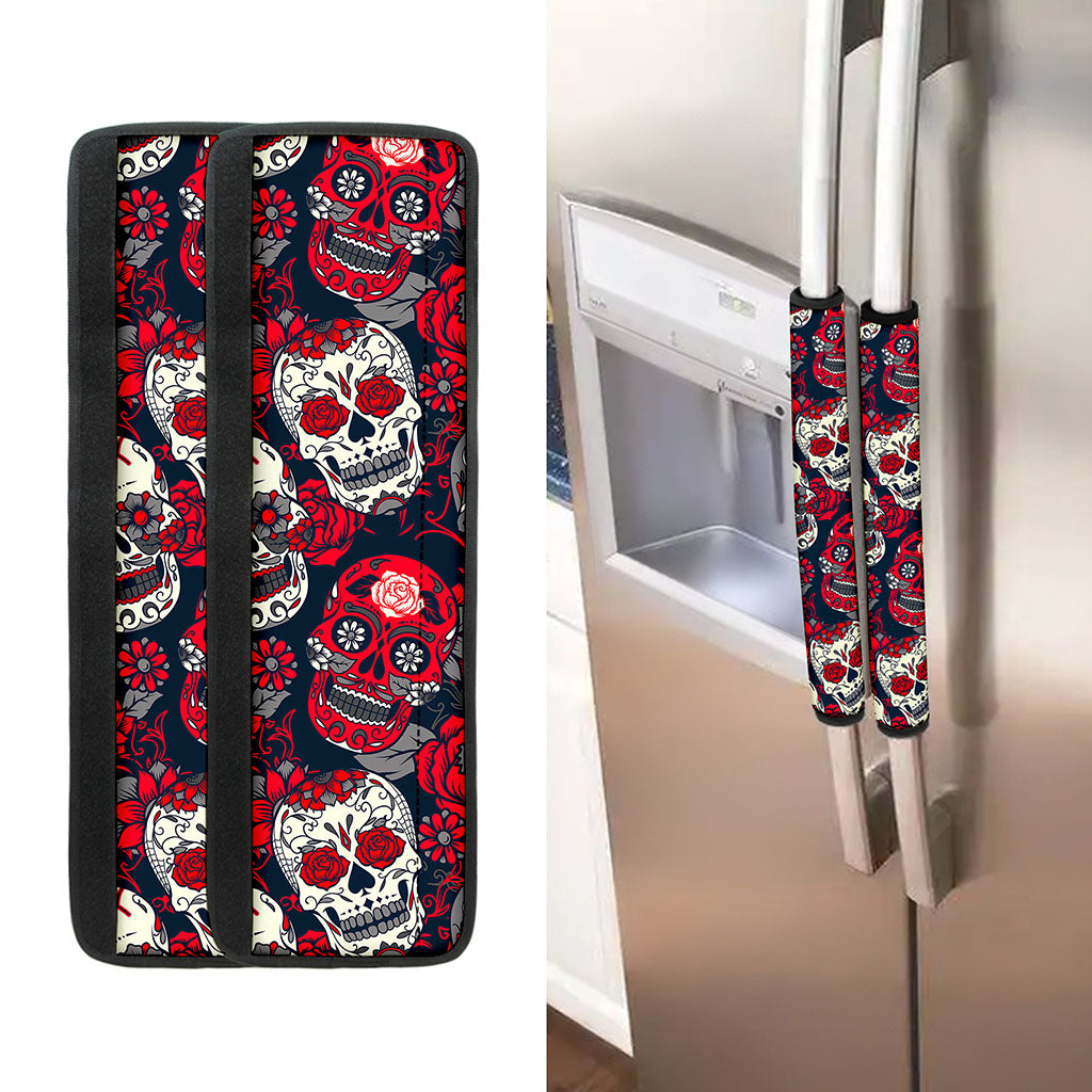 White Red Sugar Skull Pattern Print Refrigerator Handle Covers