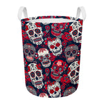 White Red Sugar Skull Pattern Print Round Laundry Basket