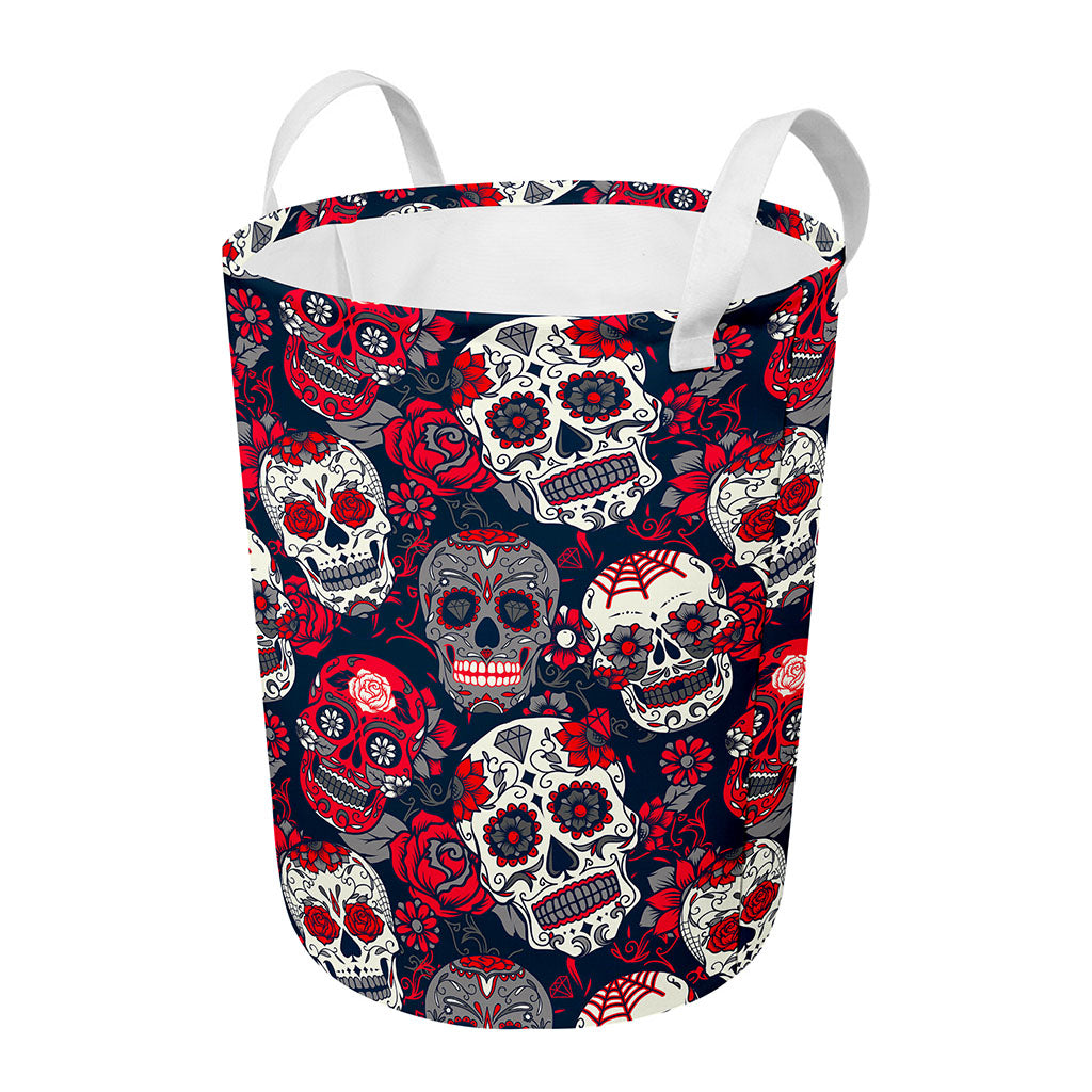 White Red Sugar Skull Pattern Print Round Laundry Basket