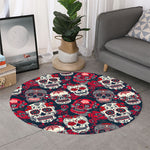 White Red Sugar Skull Pattern Print Round Rug