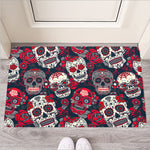 White Red Sugar Skull Pattern Print Rubber Doormat