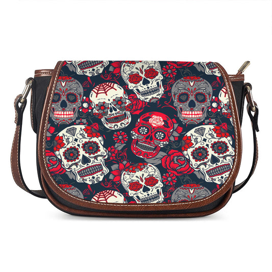 White Red Sugar Skull Pattern Print Saddle Bag