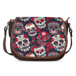 White Red Sugar Skull Pattern Print Saddle Bag