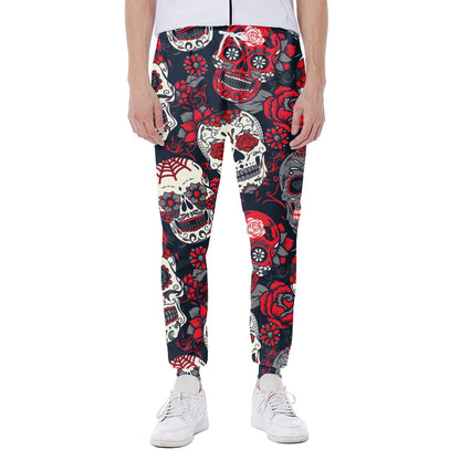 White Red Sugar Skull Pattern Print Scuba Joggers