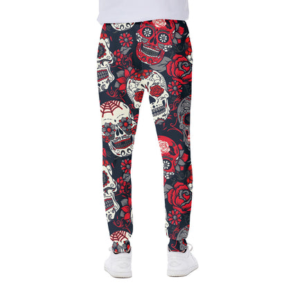 White Red Sugar Skull Pattern Print Scuba Joggers