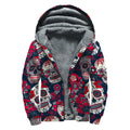 White Red Sugar Skull Pattern Print Sherpa Lined Zip Up Hoodie