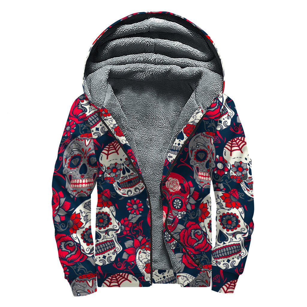 White Red Sugar Skull Pattern Print Sherpa Lined Zip Up Hoodie
