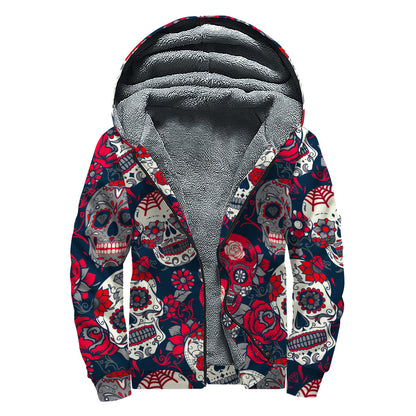 White Red Sugar Skull Pattern Print Sherpa Lined Zip Up Hoodie