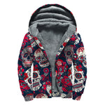 White Red Sugar Skull Pattern Print Sherpa Lined Zip Up Hoodie