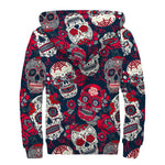 White Red Sugar Skull Pattern Print Sherpa Lined Zip Up Hoodie