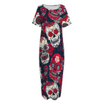 White Red Sugar Skull Pattern Print Short Sleeve Long Nightdress
