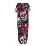 White Red Sugar Skull Pattern Print Short Sleeve Long Nightdress