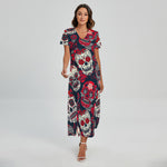 White Red Sugar Skull Pattern Print Short Sleeve Maxi Dress
