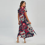White Red Sugar Skull Pattern Print Short Sleeve Maxi Dress