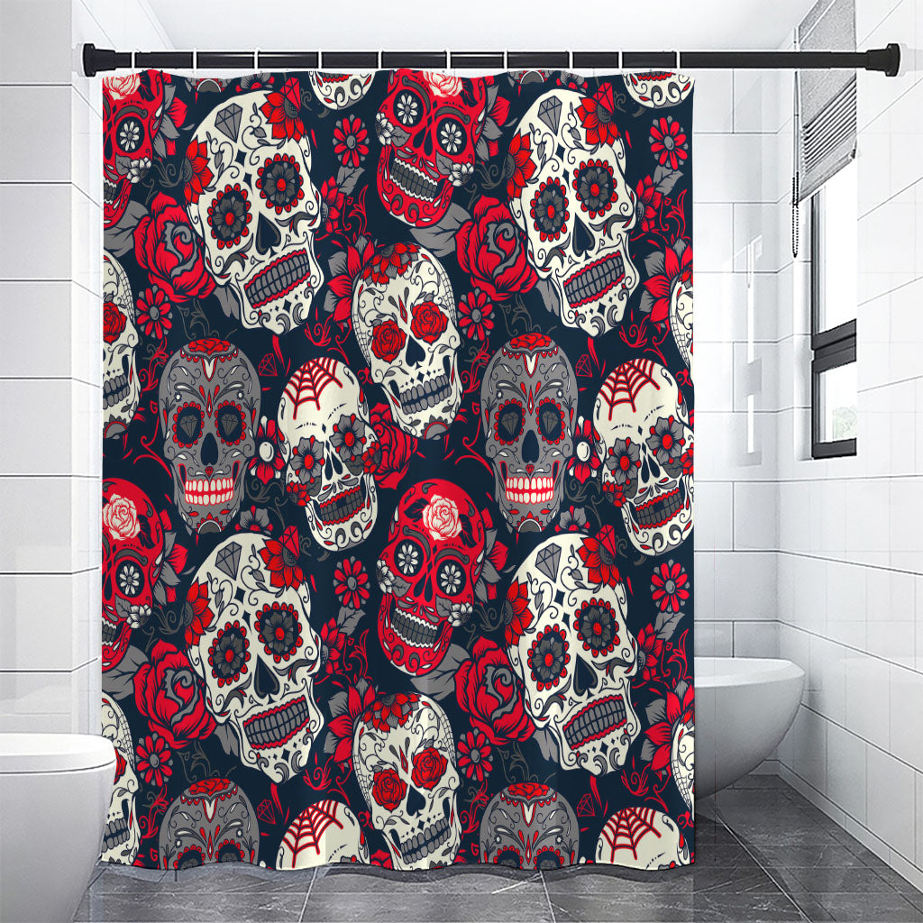 White Red Sugar Skull Pattern Print Shower Curtain