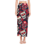 White Red Sugar Skull Pattern Print Side Slit Maxi Skirt