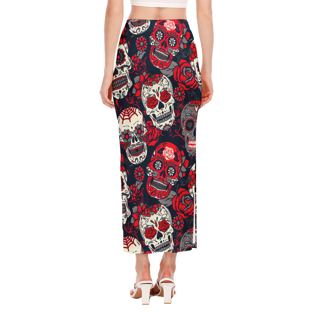 White Red Sugar Skull Pattern Print Side Slit Maxi Skirt
